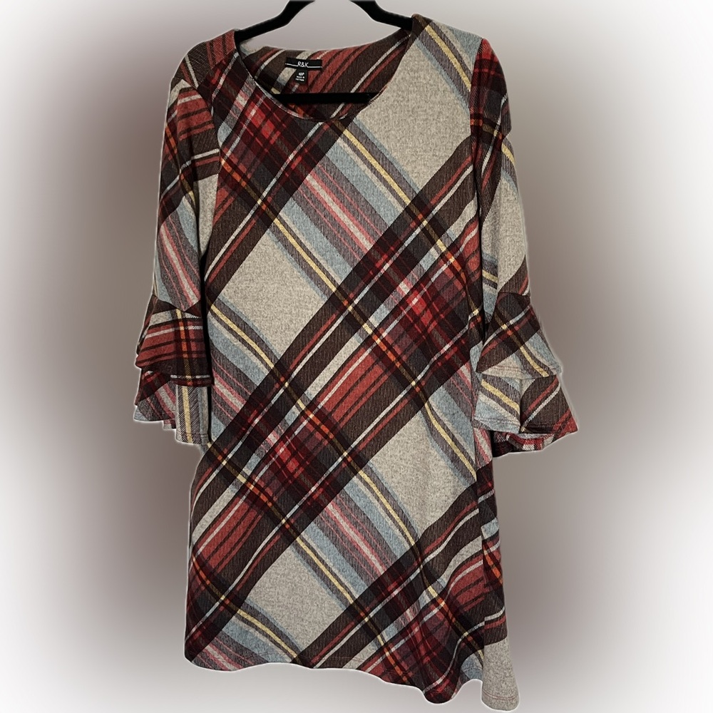 R&K Petite Ruffle Sleeve Shift Dress 10P | Fall Tartan Knit